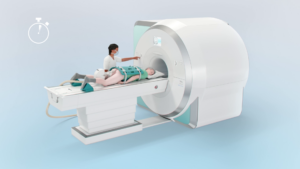 Men in MRI scanner with The Remote Controlled Manipulator (RCM). A fully MR compatible robotic device for MRI-guided in-bore prostate biopsy.